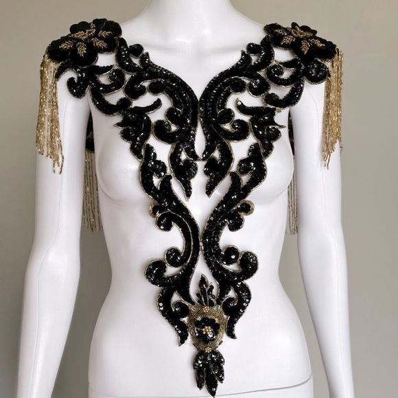 Vintage Black & Gold Ornate Hand Beaded Sequin Bodice Appliqués Patch Piece - Picture 7 of 10